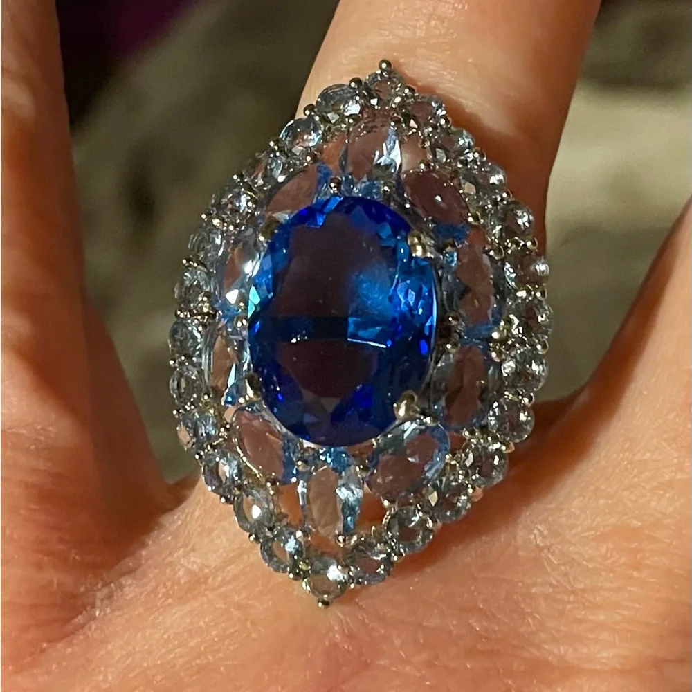 ***SHOW STOPPER NATURAL SAPPHIRE & AQUA MARINE HUGE COCKTAIL RING(SIZE 7)*** - Picture 3 of 9